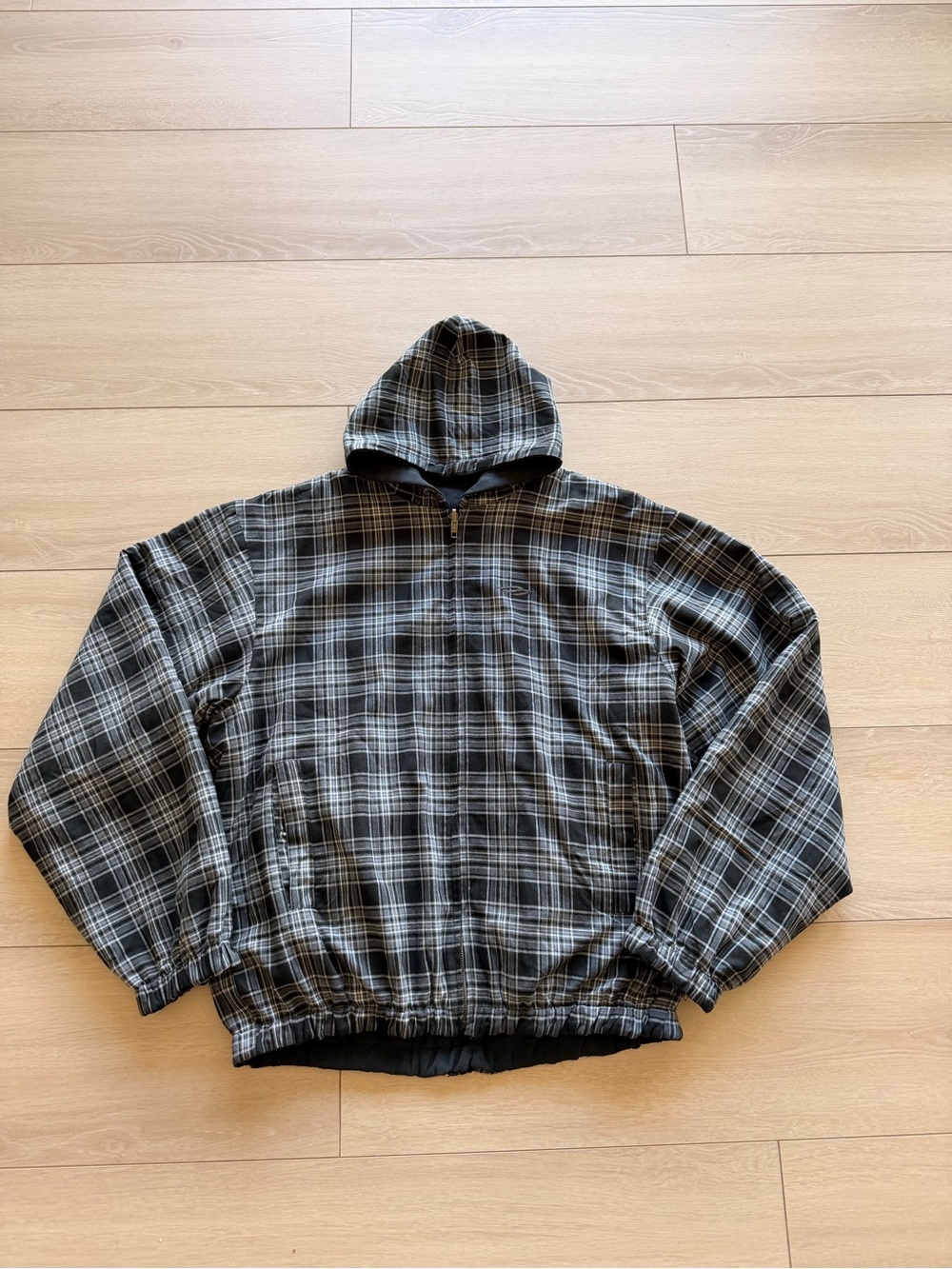 Balenciaga Reversible Plaid Hooded Pullover Jacket in Charcoal and White
